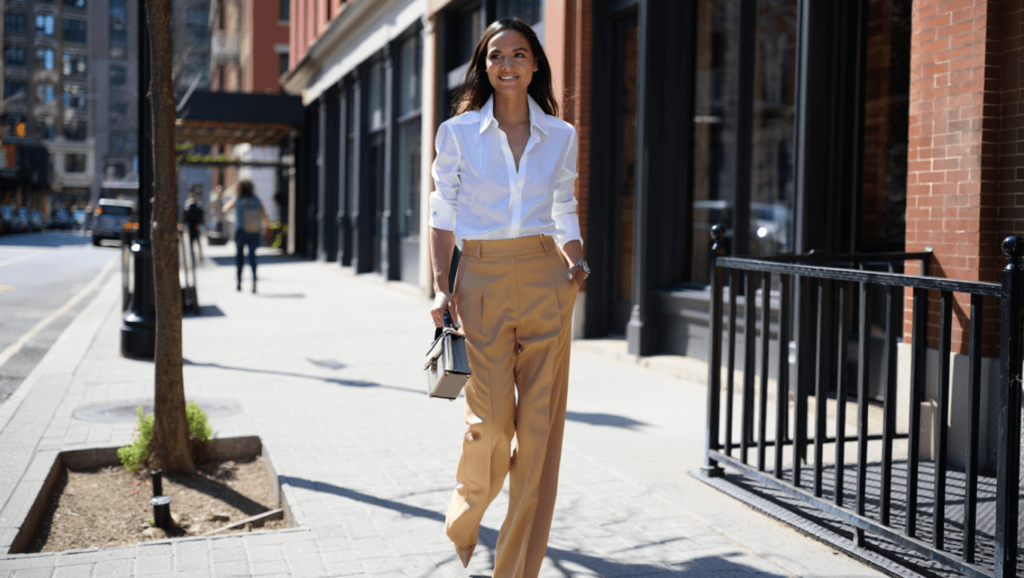 look com calça alfaiataria bege